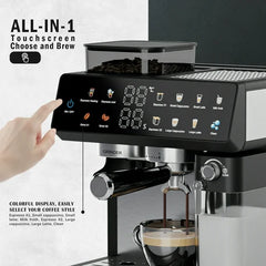 Bluebow All-in-One Espresso Machine with Grinder, 20-Bar Automatic Coffee Maker, Built-in Milk Frother for Latte & Cappuccino, Single/Double Shot Brew, Touchscreen - Stainless Steel
